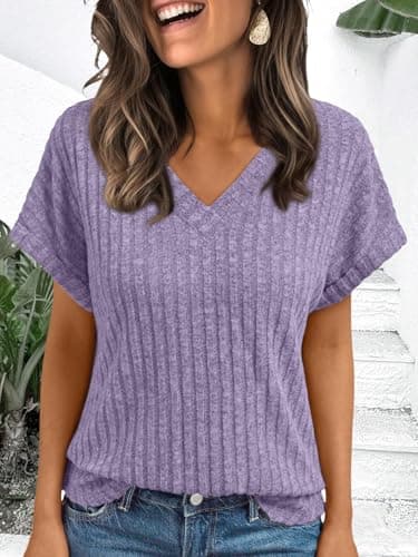 AUTOMET Women Tops Summer Sweaters Short Sleeve V Neck Shirts 2025 Spring Fashion Dressy Casual Business Tunic Blouses Purple L - Image 6