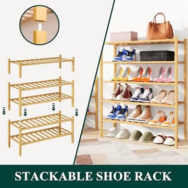 Smiry Shoe Rack, 3 Tier Bamboo Shoe Organizer, Stackable Free Standing Wooden Shoe Storage Shelf for Closet, Entryway, Front Door Entrance, Natural - Image 4