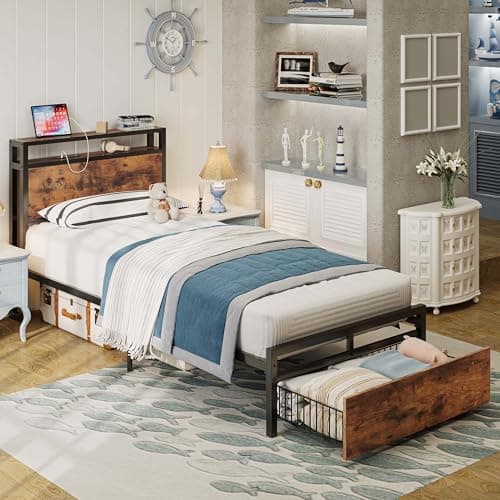 LIKIMIO Twin XL Bed Frames with Drawer, Storage Headboard with Outlets, No Box Spring Needed, Easy Assembly, Vintage Brown - Image 1