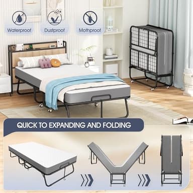 INTERGREAT Folding Bed, 75" x 31"Cot Size Portable Folding Beds for Adults, Metal Foldable Bed on Wheels for Guest, Space Saving Roll Away Beds for Easy Storage - Image 5
