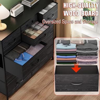 YaFiti Dresser for Bedroom with 10 Drawers, Chest of Drawers with Side Pockets, Hooks, Wooden Top and Sturdy Metal Frame, Fabric Dresser Drawers for Living Room, Hallway (Black Wood Veins) - Image 5