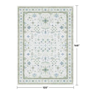 Oriental 10x14 Rug Living Room - Washable Oushak Boho Extra Large for Bedroom Non Slip Soft Faux Wool Carpet for Dining Room Playroom - Cream Blue and Green Floral Rug - Image 2