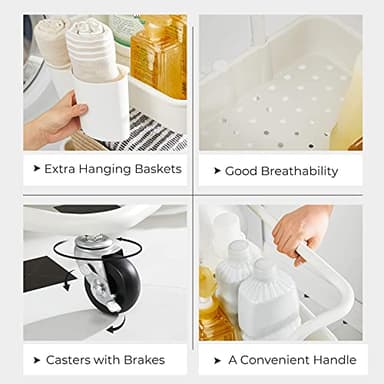 SONGMICS Rolling Cart, 3-Tier Storage Cart, Storage Trolley with Handle 2 Small Organizers, Steel Frame, Plastic Baskets, Utility Cart, Easy Assembly, for Bathroom Laundry Room, White UBSC067W01 - Image 2