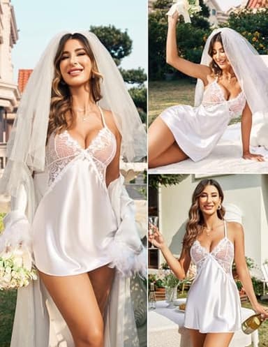 Avidlove Women Satin Sleepwear Wedding Nightgown White Lingerie Lace Chemise White M - Image 2
