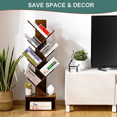 Yoobure Tree Bookshelf - 6 Shelf Retro Floor Standing Bookcase, Tall Wood Book Storage Rack for CDs/Movies/Books, Utility Book Organizer Shelves for Bedroom, Living Room, Home Office, Rustic Brown - Image 4