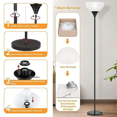 Coucrek Floor Lamp, LED Standing Lamps with White Plastic Shade, Black Modern Torchiere Floor Lamp, Tall Lamps for Living Room Dorm, Bulb not Included - Image 6