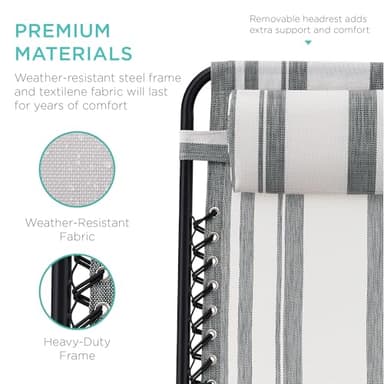 Best Choice Products Set of 2 Adjustable Steel Mesh Zero Gravity Lounge Chair Recliners w/Pillows and Cup Holder Trays - Gray Stripes - Image 7