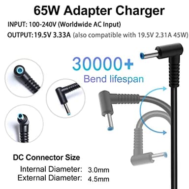 KAQIAR 65W Laptop Charger Compatible with HP Pavilion x360 14 15 17,Envy 13 15 X360,Elitebook 840 G5, ProBook Chromebook Stream Series,Spectre 710412-001 19.5V 3.33A Adapter - Image 2