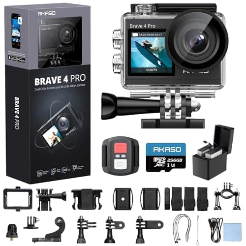 AKASO Brave 4 Pro 4K30 Action Camera with 256GB MicroSD U3 Card 131FT Underwater Waterproof Camera EIS Touch Screen Remote Control with 2x1350mAh Batteries and Helmet Accessories Kit Bundle - Image 1
