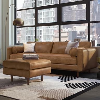 SIMPLIHOME Morrison Mid-Century Modern 89 inch Wide Sofa with Ottoman Set in Caramel Brown Genuine Leather for the Living Room and Family Room - Image 2