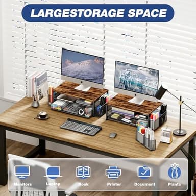 Desk Organizers and Accessories, 2-Tier Computer Monitor Stand Riser with Drawer and 2 Pen Holders, Laptop Stand, Office Desk Accessories for Office Supplies, Brown - Image 5