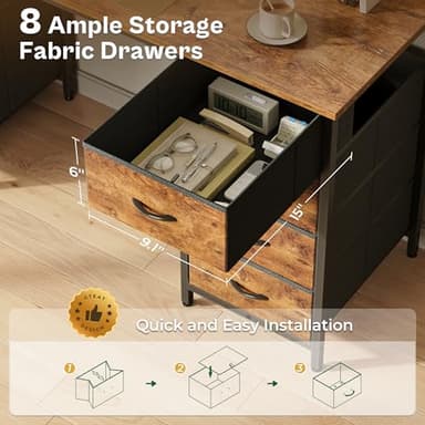 Huuger 47 Inch Computer Desk with 8 Fabric Drawers, Office Desk Work Desk for Home Office, Study, Gaming Desk with Drawers, Large Storage, Rustic Brown - Image 4