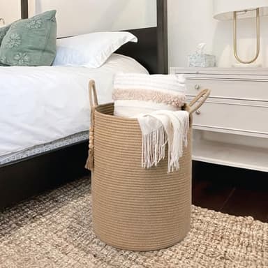 Goodpick Boho Jute Laundry Hamper Basket, Wicker Laundry Basket with Handles, Tall Baby Nursery Hamper, Large Woven Blanket Storage for Living Room, Bedroom, 16" x 20" - Image 6