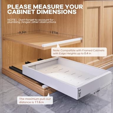 Seinloes 4 Pack Expandable (9"-14") Pull Out Cabinet Organizer 21" Deep With Raising Pad for Framed Cabinets,Upgrade 3 Slide Rails Slide Out Drawers,No Drill Roll Out Shelves Adhesive,White - Image 3
