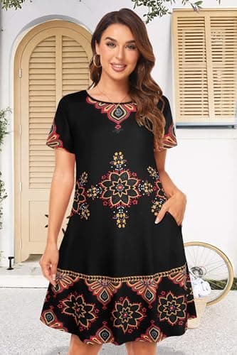 elescat Sundresses for Women Summer Casual Beach Short Sleeve Swing Pockets Loose Fit Flowy T Shirt Dress (Black Red Boho, L) - Image 2