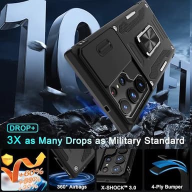 DEERLAMN Case for Samsung Galaxy S24 Ultra with Slide Camera Cover+Screen Protector (1 Pack), Rotated Ring Kickstand Military Grade Shockproof Protective Cover-Black - Image 4