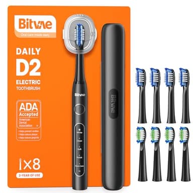 Bitvae ADA Accepted Electric Toothbrush, Travel Toothbrush Rechargeable for Adults and Kids, 60-Day Battery, 5 Modes, 8 Heads, Portable Travel Case & Holder, Shadow Black - Image 1