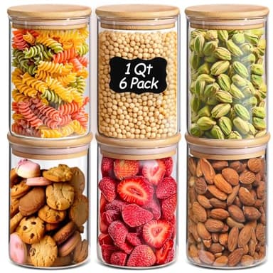 ComSaf 1 Qt Glass Storage Containers with Lids, Glass Jars with Lids, Clear Food Storage Jar, Round Canister Set of 6, Pantry Organizers for Cookie Pasta Flour Rice Tea Coffee Bean - Image 1
