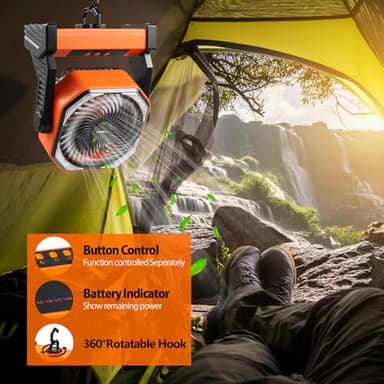 20000mAh Camping Fan, Rechargeable Battery Operated with 360° Rotatable Hook, 400 Lumes Light, 270° Pivot, 4 Speeds, 58Hrs Battery Powered Fan for Outdoor Tent Car Trip BBQ Hurricane Power Outages - Image 6