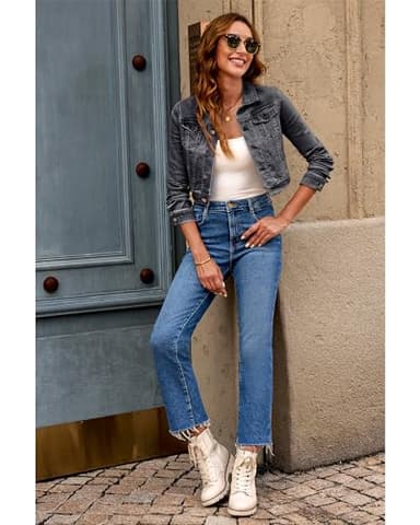 Luvamia Women's Long Sleeve Button Down Stretchy Denim Jean Jacket - Cropped, Dressy Utility Style in Faded Black - Size X-Large (Fits 16/18) - Image 6