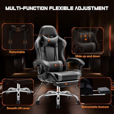 Sweetcrispy Video Game Desk Chair - Ergonomic Computer with Footrest and Comfy Lumbar Support, PU Leather Recliner with Headrest, Fixed Up Armrest, Height Adjustable with 360° Swivel, for Adults, Grey - Image 6