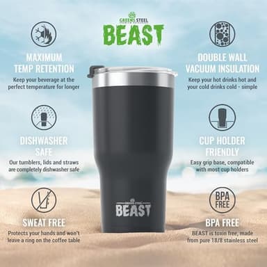 Beast 30 oz Tumbler Stainless Steel Vacuum Insulated Coffee Ice Cup Double Wall Travel Flask (Matte Black - Image 5