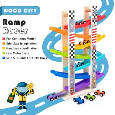 Wood City Toddler Toys for 1 2 3 Years Old, Wooden Car Ramp Racer Toy Vehicle Set with 7 Mini Cars & Race Tracks, Montessori Toys Craft Gift for Toddlers Boys and Girls - Image 4