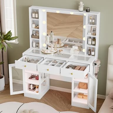 Wodeer Makeup Vanity Desk with Mirror and Lights, White Vanity with Glass Top, LED Lights & Power Outlet, 3 Drawers & 2 RGB Glass Cabinets, Adjustable Lighted Dressing Table for Women & Girls Bedroom - Image 4