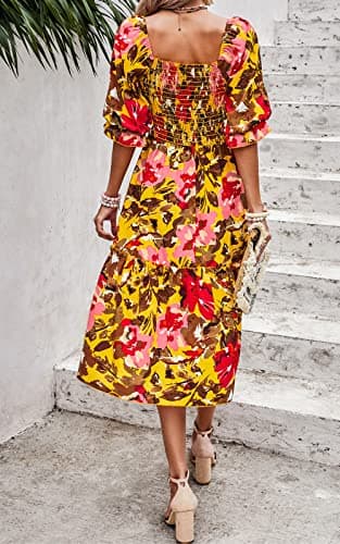PRETTYGARDEN Women's Summer Dresses 2025 Casual Midi Spring Puff Sleeve Square Neck A Line Flowy Ruffle Boho Floral Smocked Sundress (Light Yellow Red Flower,M) - Image 2