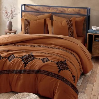 MAIREVE Burnt Orange Embroidery Comforters Set Queen Size - 7 Pieces, Farmhouse Western Bedding All Season, Bed in A Bag Queen Boho Comforter Set with Sheets, Pillowcases & Shams - Image 3