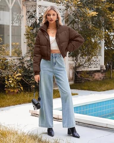 URMOSS Women's Cropped Puffer Jacket Long Sleeve Puffy Coat Winter Lightweight Stand Collar Button Down Zip Up Quilted Padded Outwear with Pockets Brown XL - Image 4