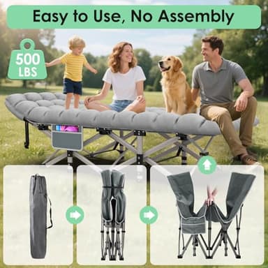 Suteck Camping Cot, Folding Camping Cot Bed for Adults Sleeping 1200D Double Layer Oxford Portable Folding Outdoor Cots for Camping W/Soft Pad Carry Bag for Home Office Nap Beach Travel, 500LBS,Grey - Image 7
