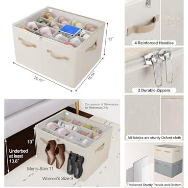 TOPIA HOME Shoe Organizer for Closet, Foldable Shoe Box with Adjustable Dividers and Clear Cover, Space Saving Shoe Storage Organizer Cabinet with Reinforced Handles, Fits 16 Pairs, Beige TP09Y - Image 3