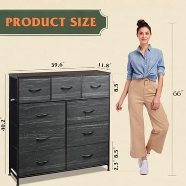 WLIVE 9-Drawer Dresser, Fabric Storage Tower for Bedroom, Entryway, Closet, Tall Chest Organizer Unit with Fabric Bins, Steel Frame, Wood Top, Easy Pull Handle, Charcoal Black Wood Grain Print - Image 3
