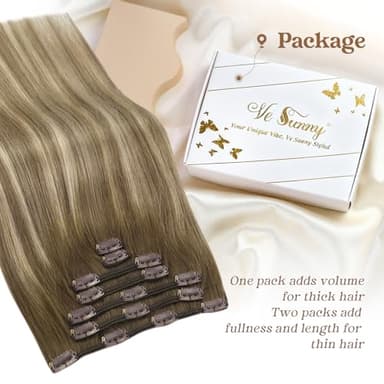 Ve Sunny Clip in Human Hair Extensions Balayage Clip in Hair Extensions Real Human Hair 24 Inch Long Straight Remy Hair Extensions Clip ins Dark Brown to Light Brown with Blonde 120g 7Pcs - Image 4