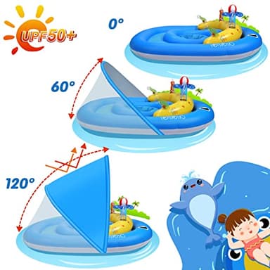 Baby Pool Float with Canopy UPF 50+ Sun Protection, 6-24 Months Inflatable Infant Swimming Ring, Bath Floatie, Swimming Pool Accessories, and Toy Play Console with Adjustable Safety Seat - Image 2