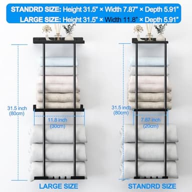 Towel Rack for Bathroom, Wall Mounted Vertical Rolled Towel Storage Organizer Holder with Shelf, Holds Up 6 Large Bath Sheets, Black Large Size - Image 8