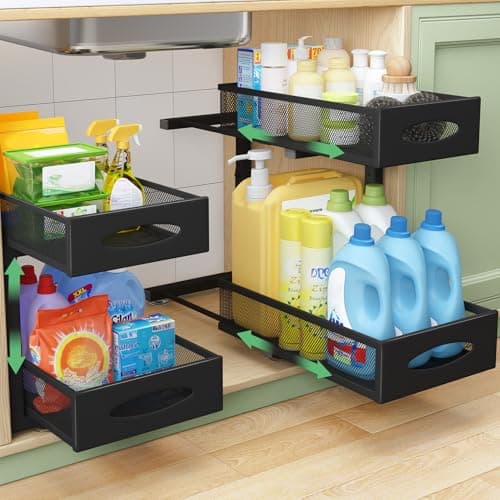 Under Sink Organizer, 2 Pack 2 Tier Pull out Cabinet Organizer Baskets with Mesh Sliding Drawers, Slide out Sink Storage Shelves for Home, Kitchen, Bathroom, Pantry, Office Organizers and Storag,Black - Image 1