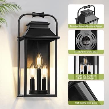 [Upgraded]PARTPHONER Outdoor & Indoor Light Fixture, 3-Lights Front Porch Light Fixtures with E12 Sockets & Glass Shade Anti-Rust Waterproof Black Wall Mount Lantern Sconce for House Gate Garage Patio - Image 9