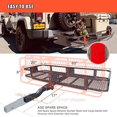 MeeFar Folding Hitch Mount Cargo Carrier Basket 60" X 20" X 6"+Waterproof Cargo Bag 16 Cubic Feet(58" 19" 24"),Hauling Weight Capacity of 500 Lbs and A Folding Arm.with Hitch Stabilizer,Net and Straps - Image 5