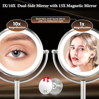 Professional 8.5" Large Lighted Makeup Mirror with Brighter Lights, 1X/10X True HD Magnifying Mirror with 3 Color Dimmable Lights, 90 Shadowless LEDs, 360°Swivel Seamless Vanity Mirror, Pearl Nickel - Image 3