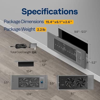 VIVOHOME Quiet Register Booster Fan with Opening 4" × 12" with Intelligent Thermostat 10-Speed Control, 13.8" x 5.5" Vent Cover, Smart Register Vent for Room Floor Wall, Gray - Image 7