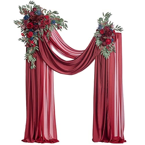 Ling's Moment Burgundy Artificial Wedding Arch Flowers Kit Pack of 4, 2pcs Hanging Flower Arrangement 2pcs Chiffon Drapes Ceremony Reception Fake Rose Arbor Backdrop Floral Party Outdoor Decorations - Image 1