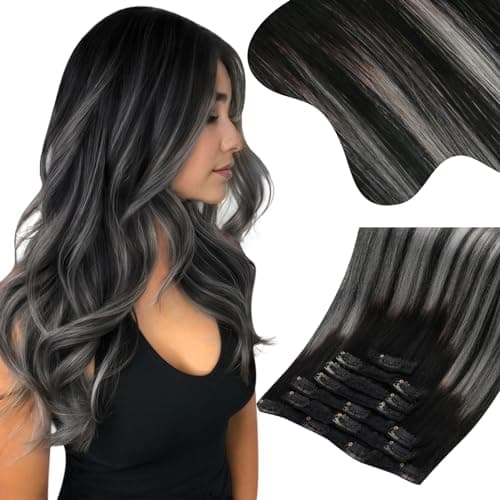 Moresoo Clip on Hair Extensions Balayage Remy Double Weft Human Hair Extensions Clip ins Natural Black to Silver 20inch 150Grams 7pcs - Image 1