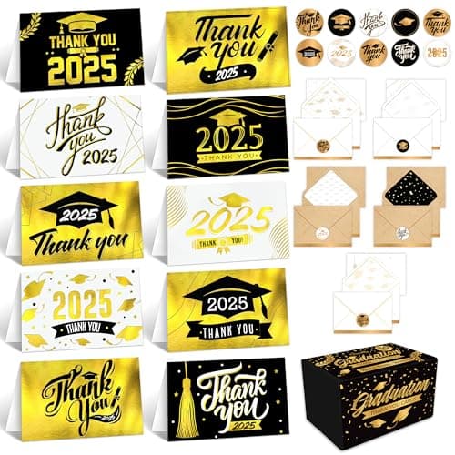 Decorably 50 Pack Gold-Foiled 6x4in Graduation Thank You Cards 2025 with Envelopes and Stickers, 10 Elegant Designs Folded College Graduation Thank You Cards, Blank Inside - Image 1
