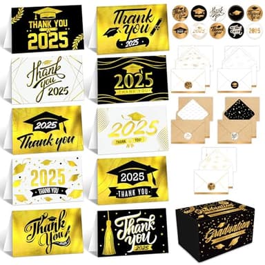 Decorably 50 Pack Gold-Foiled 6x4in Graduation Thank You Cards 2025 with Envelopes and Stickers, 10 Elegant Designs Folded College Graduation Thank You Cards, Blank Inside - Image 1