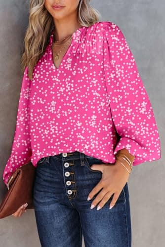 Dokotoo Womens Work Business Chiffon Blouses and Tops Loose Fit Dressy Alicia Floral Print V Neck Smocked Long Sleeve Shirts for Women Office Boho Top Trendy Pink Large - Image 2