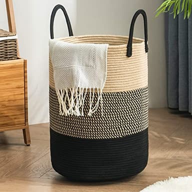 YOUDENOVA Woven Rope Laundry Hamper Basket, 58L Tall Laundry Basket for Blanket Organizer- Clothes Hamper for Bedroom Storage, Baby Kids Nursery Hamper-Large-Black & Brown - Image 1
