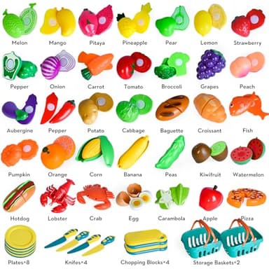 100 PCS Cutting Play Food Toy for Kids Kitchen, Pretend Food Toys for Toddlers, Play Kitchen Toys Accessories with 2 Baskets, Fake Food/Fruit/Vegetable, Birthday Gifts for 3 4 5 Years Old Boys Girls - Image 4