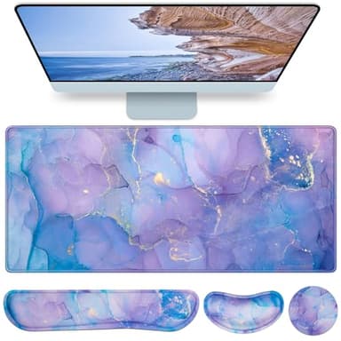 4-in-1 Mouse Pad with Wrist Rest Set Purple,35.4×15.7in Large Gaming Mouse Pad+Keyboard Wrist Rest+Wrist Mousepad+Cup Pad,Ergonomic Mouse Pads,Anti-Slip,Waterproof Keyboard Pad for Home Office - Image 1